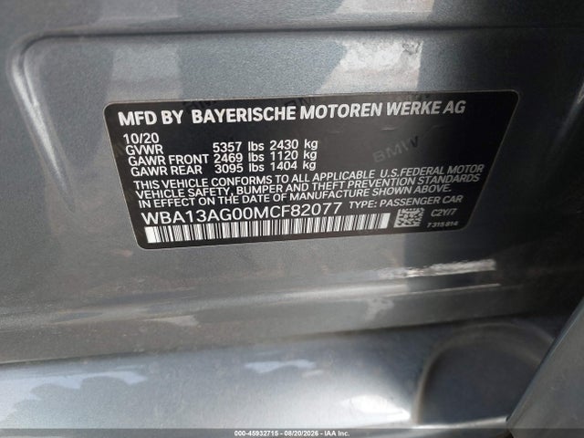 Продаж на аукціоні авто 2021 Bmw 530e, vin: WBA13AG00MCF82077, номер лоту: 45932715