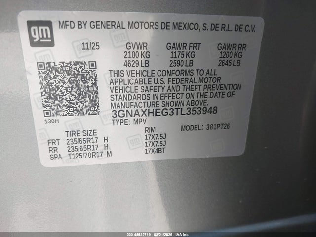 45932719 :رقم المزاد ، 3GNAXHEG3TL353948 vin ، 2026 Chevrolet Equinox Fwd Lt مزاد بيع