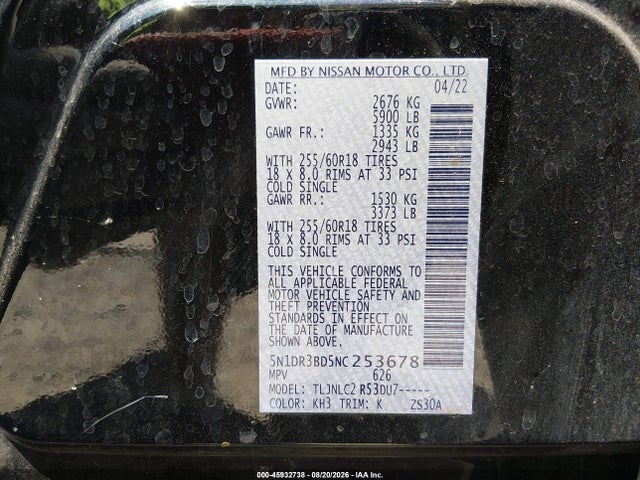 Aukcja sprzedaży 2022 Nissan Pathfinder Sv 4wd, vin: 5N1DR3BD5NC253678, numer aukcji: 45932738