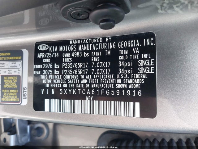 2015 Kia Sorento Lx მანქანა იყიდება აუქციონზე, vin: 5XYKTCA61FG591916, აუქციონის ნომერი: 45932748