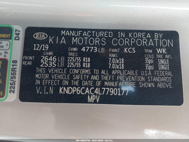 2020 Kia Sportage S მანქანა იყიდება აუქციონზე, vin: KNDP6CAC4L7790177, აუქციონის ნომერი: 45932754