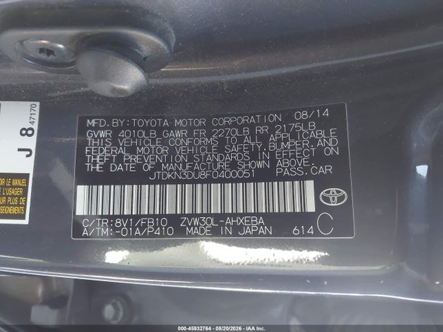 45932764 :رقم المزاد ، JTDKN3DU8F0400051 vin ، 2015 Toyota Prius Two مزاد بيع