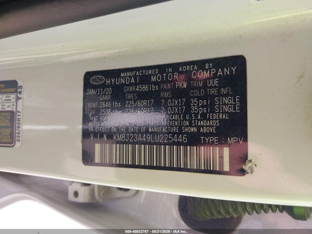 Продаж на аукціоні авто 2020 Hyundai Tucson Se, vin: KM8J23A49LU225446, номер лоту: 45932767