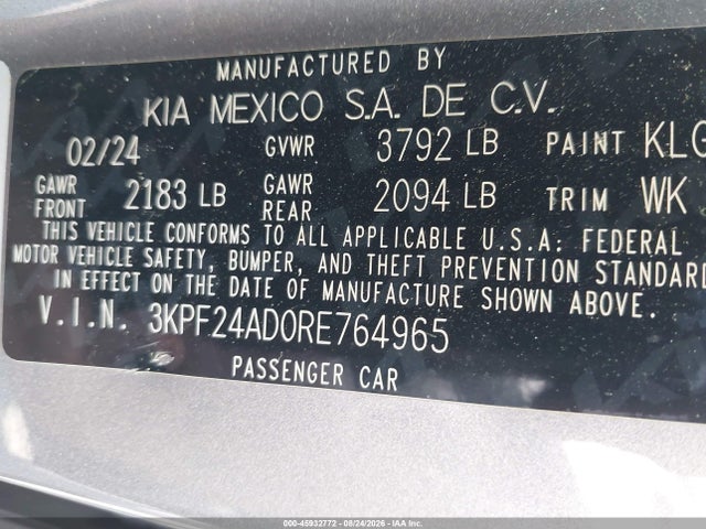 2024 Kia Forte Lxs მანქანა იყიდება აუქციონზე, vin: 3KPF24AD0RE764965, აუქციონის ნომერი: 45932772