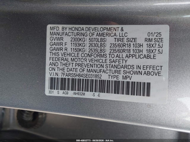 Aukcja sprzedaży 2025 Honda Cr-v Hybrid Sport-l, vin: 7FARS5H84SE031852, numer aukcji: 45932773