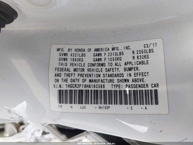 1HGCR2F18HA180589 Honda Accord Sport Se