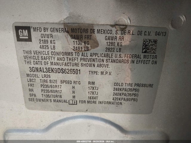 Продаж на аукціоні авто 2013 Chevrolet Captiva Sport Fleet Lt, vin: 3GNAL3EK9DS626501, номер лоту: 45932789