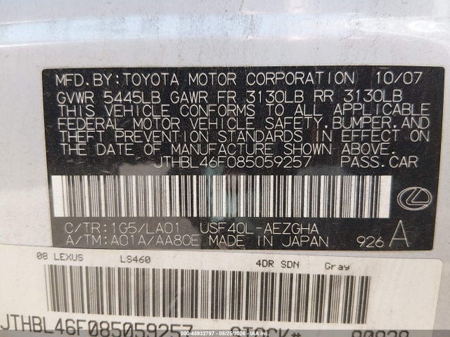 Продаж на аукціоні авто 2008 Lexus Ls 460, vin: JTHBL46F085059257, номер лоту: 45932797