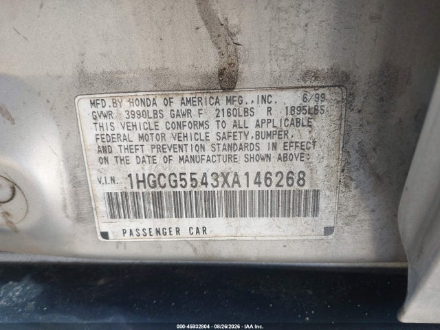 Aukcja sprzedaży 1999 Honda Accord Lx, vin: 1HGCG5543XA146268, numer aukcji: 45932804