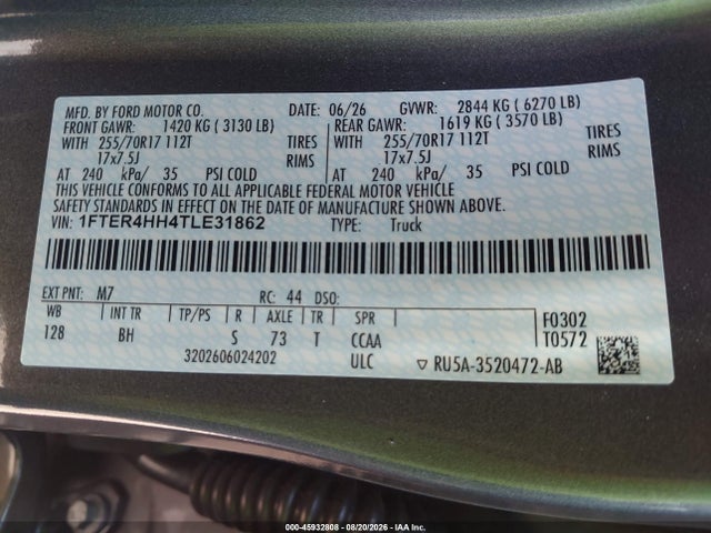 45932808 :رقم المزاد ، 1FTER4HH4TLE31862 vin ، 2026 Ford Ranger Xlt مزاد بيع