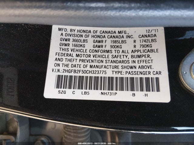 Продаж на аукціоні авто 2012 Honda Civic Lx, vin: 2HGFB2F50CH323775, номер лоту: 45932813