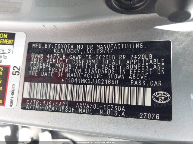 Aukcja sprzedaży 2018 Toyota Camry Se, vin: 4T1B11HK3JU021660, numer aukcji: 45932815