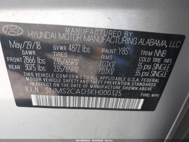 Продажа на аукционе авто 2019 Hyundai Santa Fe Se, vin: 5NMS2CAD3KH000325, номер лота: 45932833