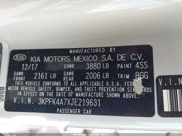 2018 Kia Forte Lx მანქანა იყიდება აუქციონზე, vin: 3KPFK4A7XJE219631, აუქციონის ნომერი: 45932850
