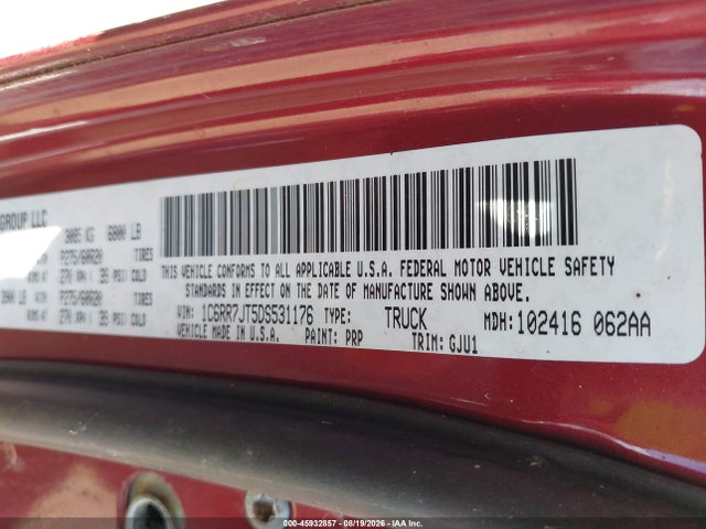 Aukcja sprzedaży 2013 Ram 1500 Laramie, vin: 1C6RR7JT5DS531176, numer aukcji: 45932857