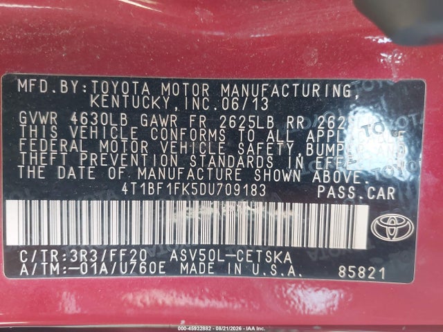 2013 Toyota Camry Se მანქანა იყიდება აუქციონზე, vin: 4T1BF1FK5DU709183, აუქციონის ნომერი: 45932882