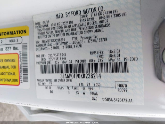 Ford FUSION SE 2019 3FA6P0T90KR238214 Image 9