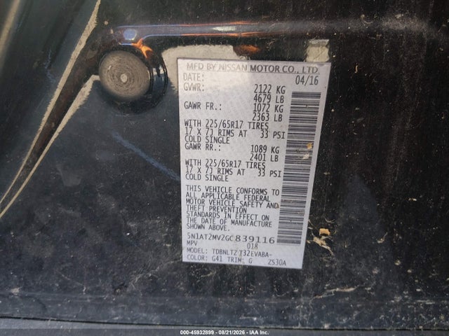 45932899 :رقم المزاد ، 5N1AT2MV2GC839116 vin ، 2016 Nissan Rogue Sv مزاد بيع