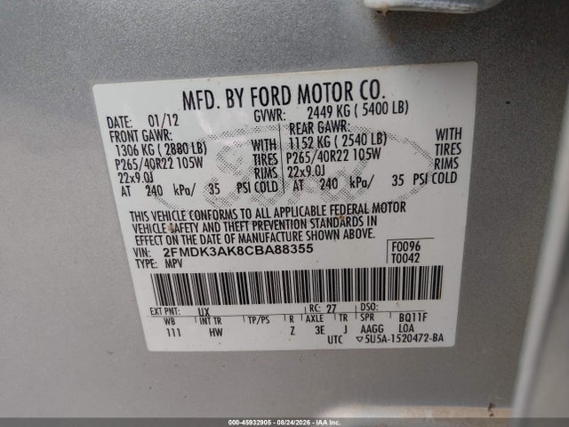 45932905 :رقم المزاد ، 2FMDK3AK8CBA88355 vin ، 2012 Ford Edge Sport مزاد بيع