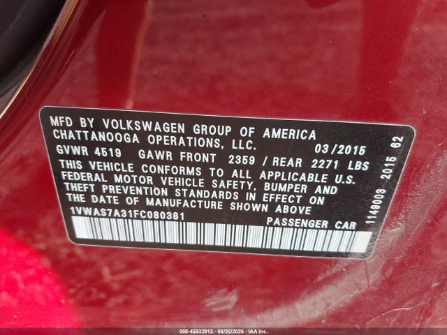 Aukcja sprzedaży 2015 Volkswagen Passat 1.8t Limited Edition, vin: 1VWAS7A31FC080381, numer aukcji: 45932913