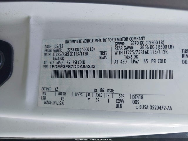 2013 Ford E-350 Cutaway მანქანა იყიდება აუქციონზე, vin: 1FDEE3FS7DDA95233, აუქციონის ნომერი: 45932917