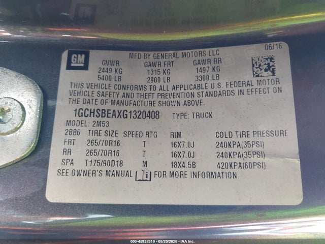 45932919 :رقم المزاد ، 1GCHSBEAXG1320408 vin ، 2016 Chevrolet Colorado 2wd Wt مزاد بيع