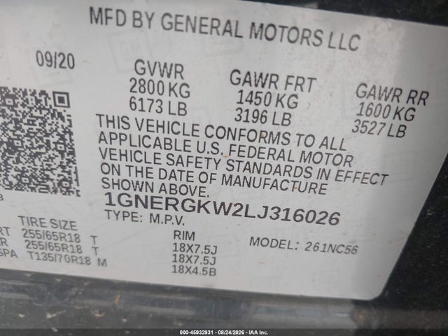 45932931 :رقم المزاد ، 1GNERGKW2LJ316026 vin ، 2020 Chevrolet Traverse Fwd Lt Cloth مزاد بيع