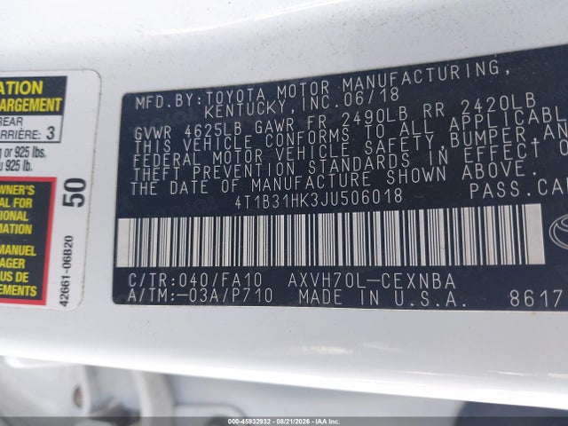 4T1B31HK3JU506018 Toyota Camry Hybrid Le
