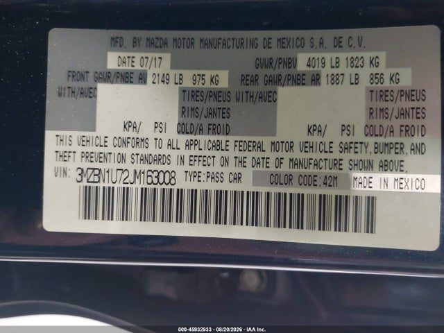 45932933 :رقم المزاد ، 3MZBN1U72JM163008 vin ، 2018 Mazda Mazda3 Sport مزاد بيع