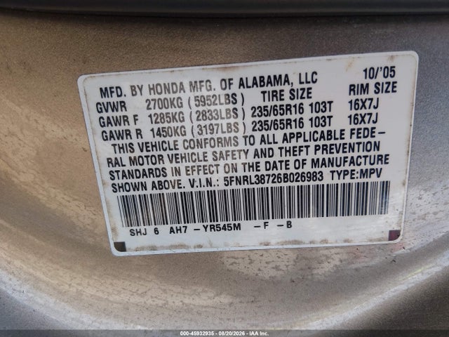 Aukcja sprzedaży 2006 Honda Odyssey Ex-l, vin: 5FNRL38726B026983, numer aukcji: 45932935