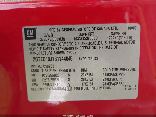 45932937 :رقم المزاد ، 2GTEC19J781144045 vin ، 2008 Gmc Sierra 1500 Slt مزاد بيع