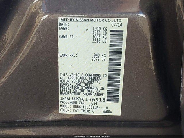 2015 Nissan Altima 2.5 Sv მანქანა იყიდება აუქციონზე, vin: 1N4AL3AP7FC136518, აუქციონის ნომერი: 45932938