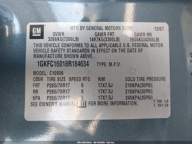 Продаж на аукціоні авто 2008 Gmc Yukon Xl 1500 Slt, vin: 1GKFC16018R184634, номер лоту: 45932942