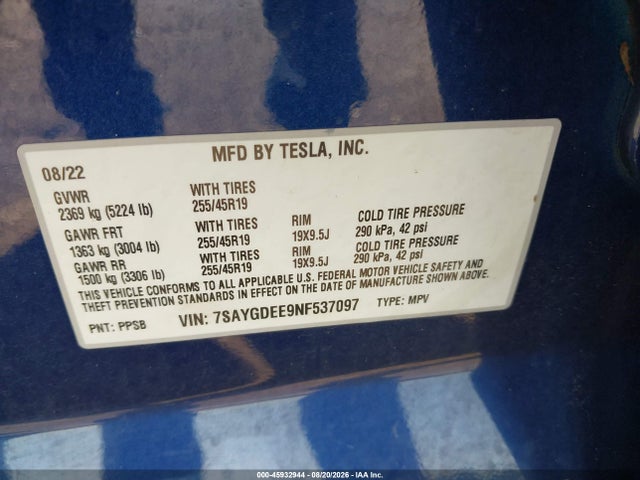 7SAYGDEE9NF537097 Tesla Model Y Long Range Dual Motor All-wheel Drive