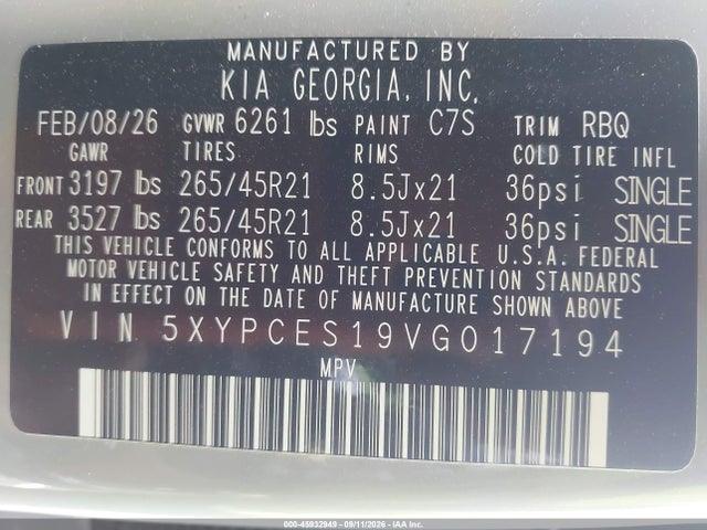 45932949 :رقم المزاد ، 5XYPCES19VG017194 vin ، 2027 Kia Telluride X-line Ex مزاد بيع