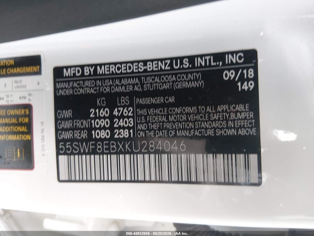 Продаж на аукціоні авто 2019 Mercedes-benz C 300 4matic, vin: 55SWF8EBXKU284046, номер лоту: 45932956
