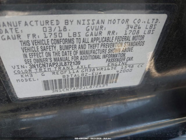 45932967 :رقم المزاد ، 3N1CN7AP2JL872139 vin ، 2018 Nissan Versa 1.6 Sv مزاد بيع