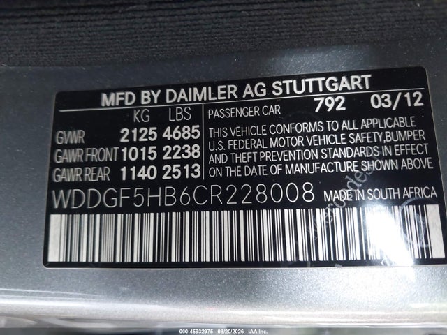 45932975 :رقم المزاد ، WDDGF5HB6CR228008 vin ، 2012 Mercedes-benz C 350 Sport مزاد بيع