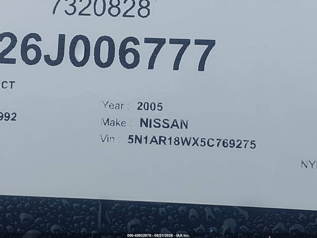Продажа на аукционе авто 2005 Nissan Pathfinder Xe, vin: 5N1AR18WX5C769275, номер лота: 45932979