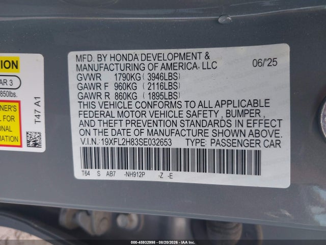 2025 Honda Civic Sedan Sport მანქანა იყიდება აუქციონზე, vin: 19XFL2H83SE032653, აუქციონის ნომერი: 45932998