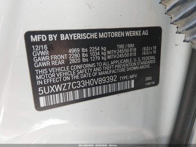 Продаж на аукціоні авто 2017 Bmw X3 Sdrive28i, vin: 5UXWZ7C33H0V89392, номер лоту: 45933009