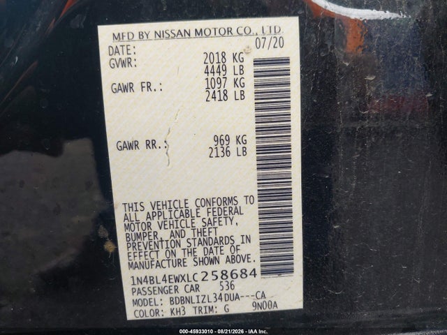 Продажа на аукционе авто 2020 Nissan Altima Sl Intelligent Awd, vin: 1N4BL4EWXLC258684, номер лота: 45933010
