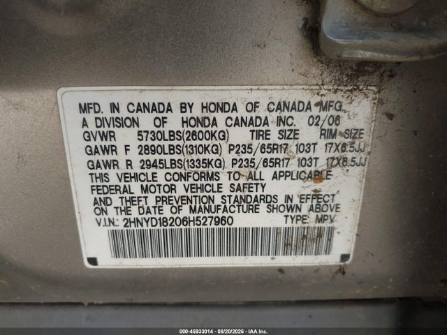 Продаж на аукціоні авто 2006 Acura Mdx, vin: 2HNYD18206H527960, номер лоту: 45933014