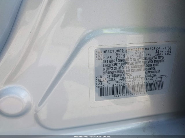 Aukcja sprzedaży 2019 Nissan Sentra Sv, vin: 3N1AB7AP0KY374350, numer aukcji: 45933020
