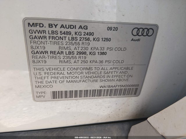 45933033 :رقم المزاد ، WA1BAAFY5M2009855 vin ، 2021 Audi Q5 Premium Plus 45 Tfsi Quattro S Tronic مزاد بيع