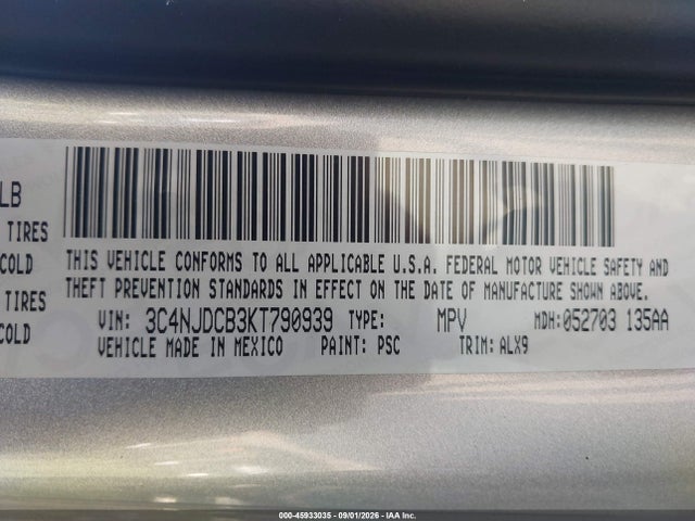 2019 Jeep Compass Limited 4x4 მანქანა იყიდება აუქციონზე, vin: 3C4NJDCB3KT790939, აუქციონის ნომერი: 45933035