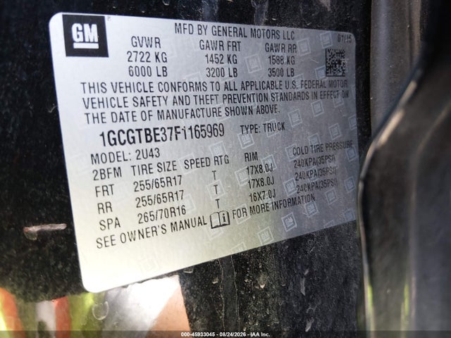 Aukcja sprzedaży 2015 Chevrolet Colorado 4wd Lt, vin: 1GCGTBE37F1165969, numer aukcji: 45933045