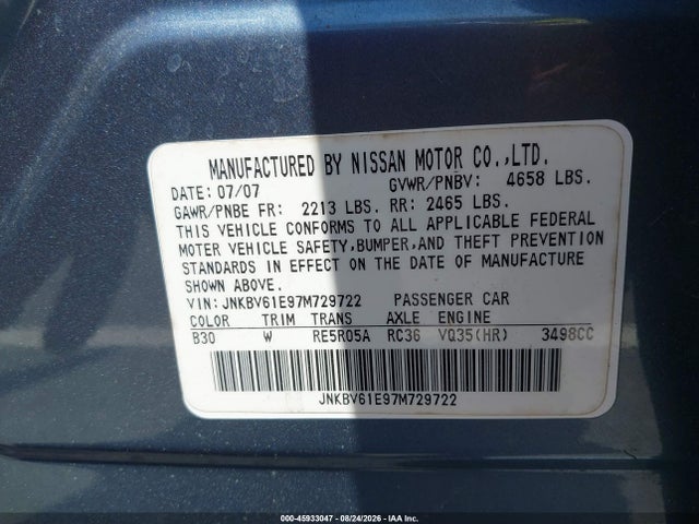 Продаж на аукціоні авто 2007 Infiniti G35 Journey, vin: JNKBV61E97M729722, номер лоту: 45933047