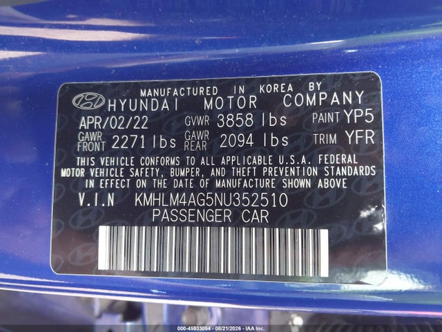Aukcja sprzedaży 2022 Hyundai Elantra Sel, vin: KMHLM4AG5NU352510, numer aukcji: 45933054
