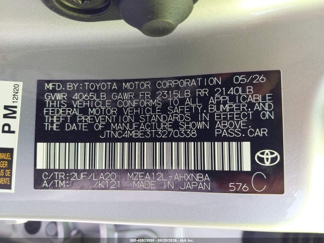Aukcja sprzedaży 2026 Toyota Corolla Xse, vin: JTNC4MBE3T3270338, numer aukcji: 45933058